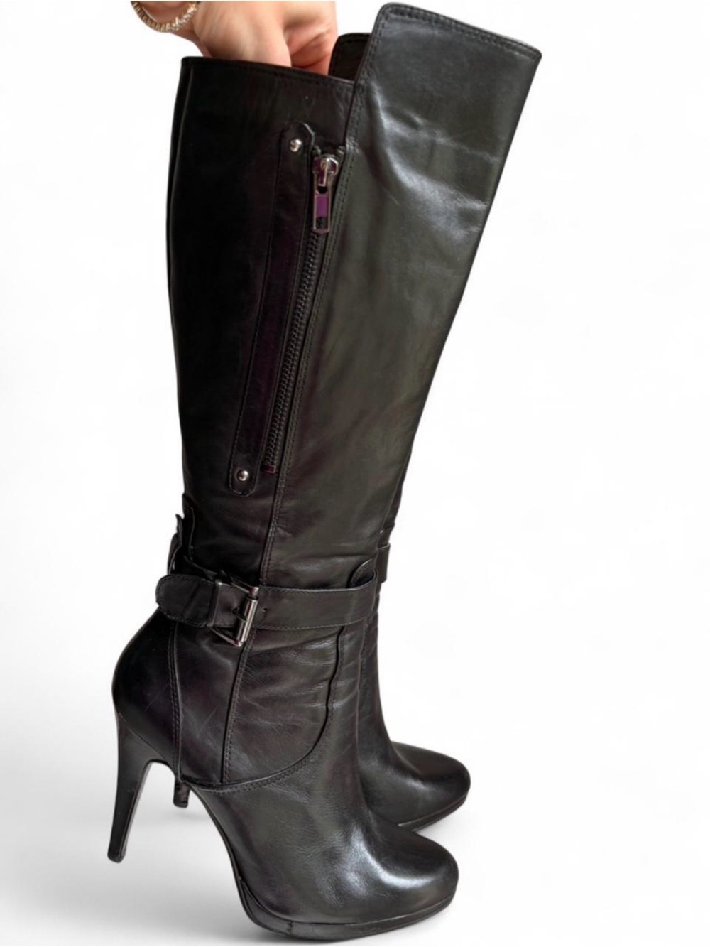 Vtg Black Knee-High Leather Stiletto Buckle +Zipper Boots